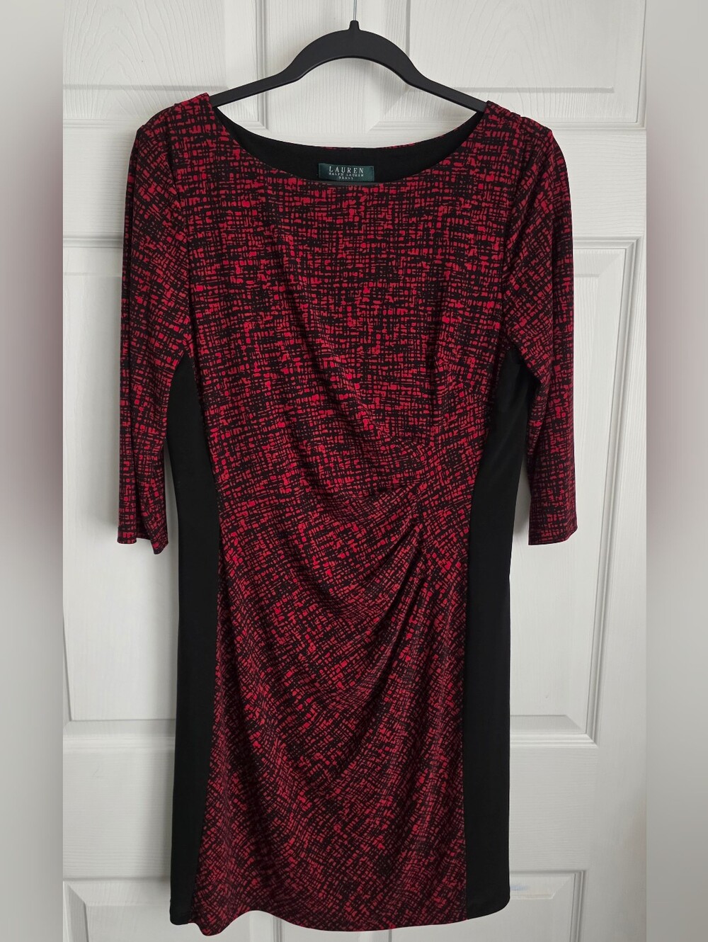 Lauren Ralph Lauren Red & Black Ruched Sheath Dress Slimming Side Panels 14P